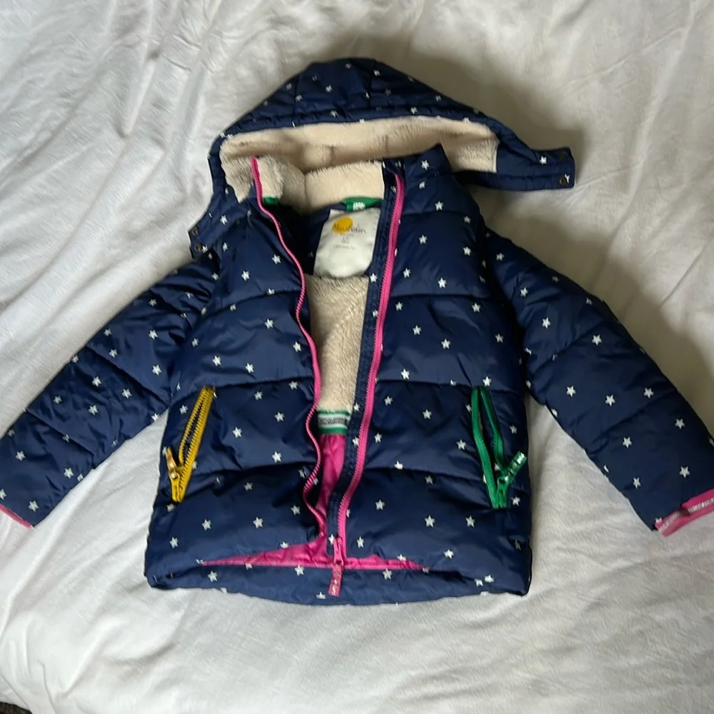 Mini Boden Navy Star Puffer Jacket with Bright Trim